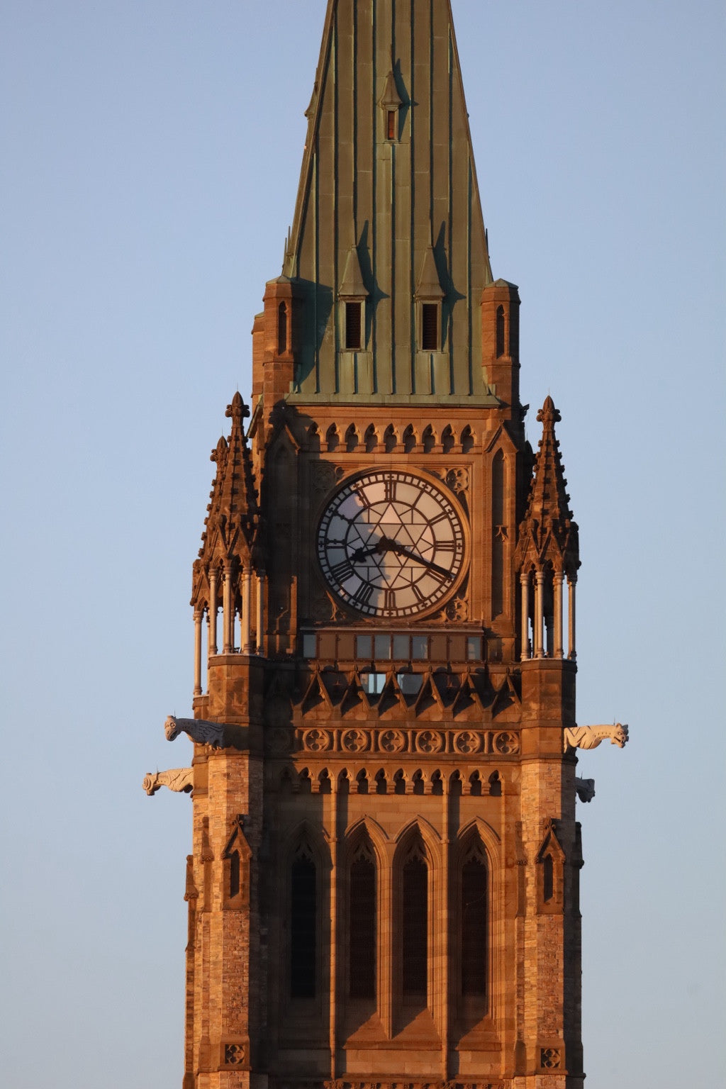 Light picks out the tower’s carved surfaces.