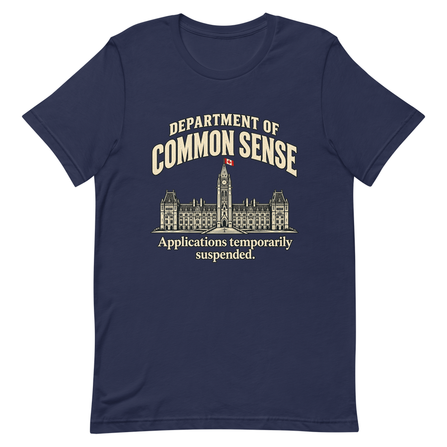 Motif Department of Common Sense sur un t-shirt Bella + Canvas 3001 bleu marine, aperçu du devant fourni par Printful