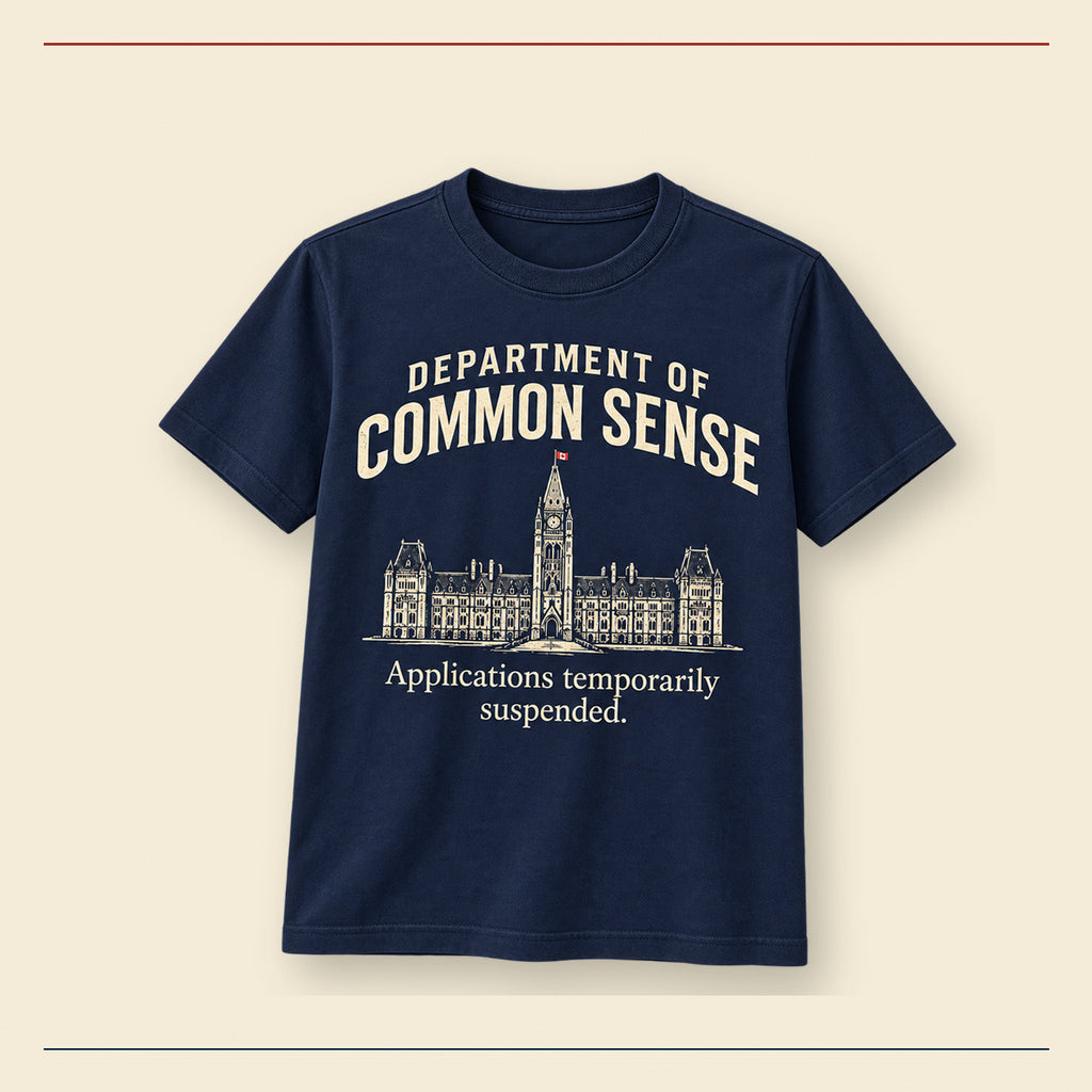 Department of Common Sense navy Peace Tower t-shirt in heritage studio presentation