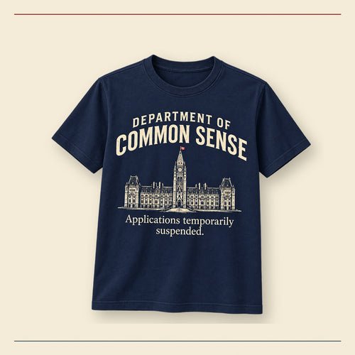 Department of Common Sense navy Peace Tower t-shirt in heritage studio presentation