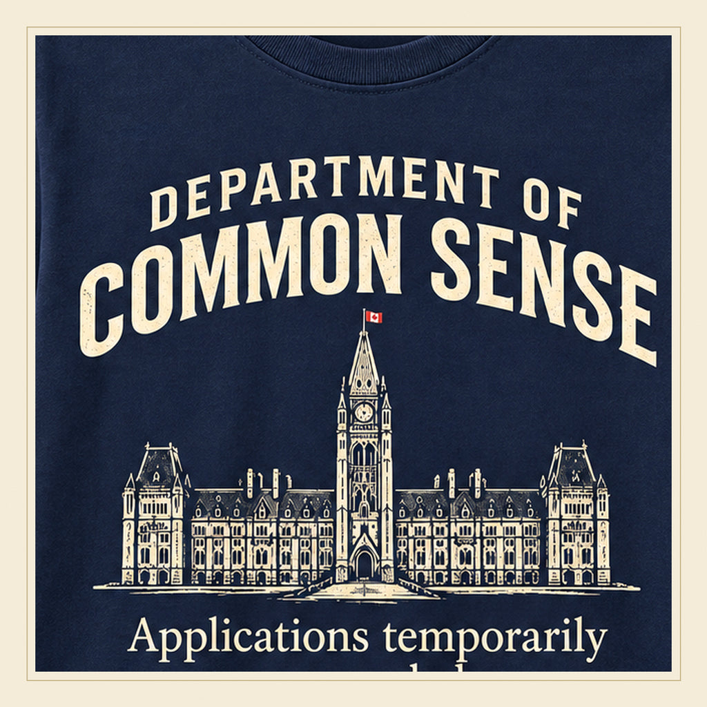 Close-up print detail of the Department of Common Sense Peace Tower t-shirt