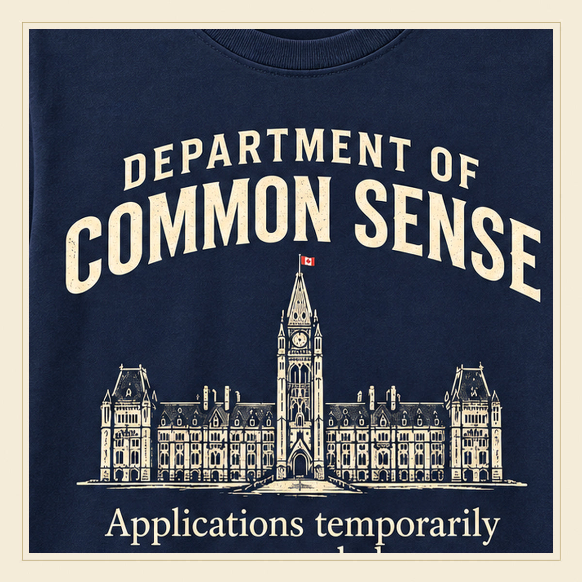 Close-up print detail of the Department of Common Sense Peace Tower t-shirt