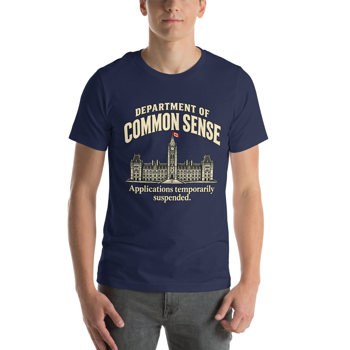 T-shirt bleu marine Department of Common Sense porté par un modèle, aperçu officiel du devant fourni par Printful