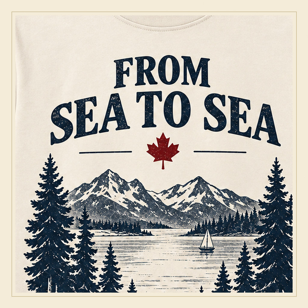 Close-up print detail of the From Sea to Sea Peace Tower t-shirt