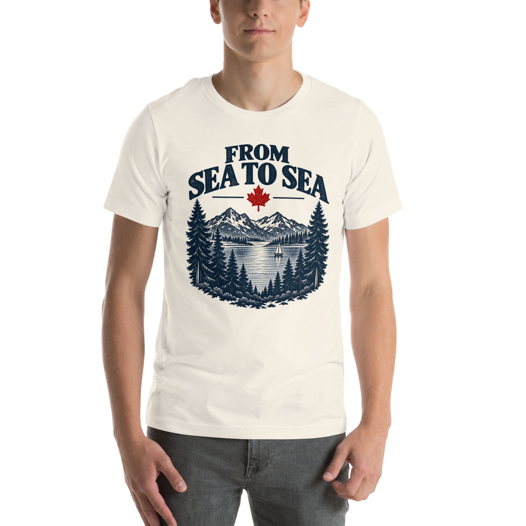 T-shirt blanc vintage From Sea to Sea porté par un modèle, aperçu officiel du devant fourni par Printful