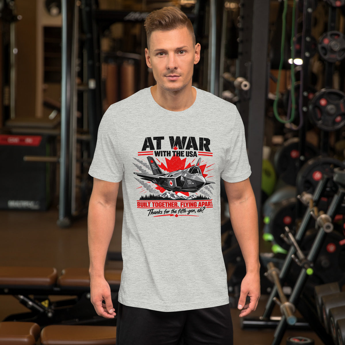 T-shirt gris chiné At War with the USA porté par un modèle, aperçu fourni par Printful
