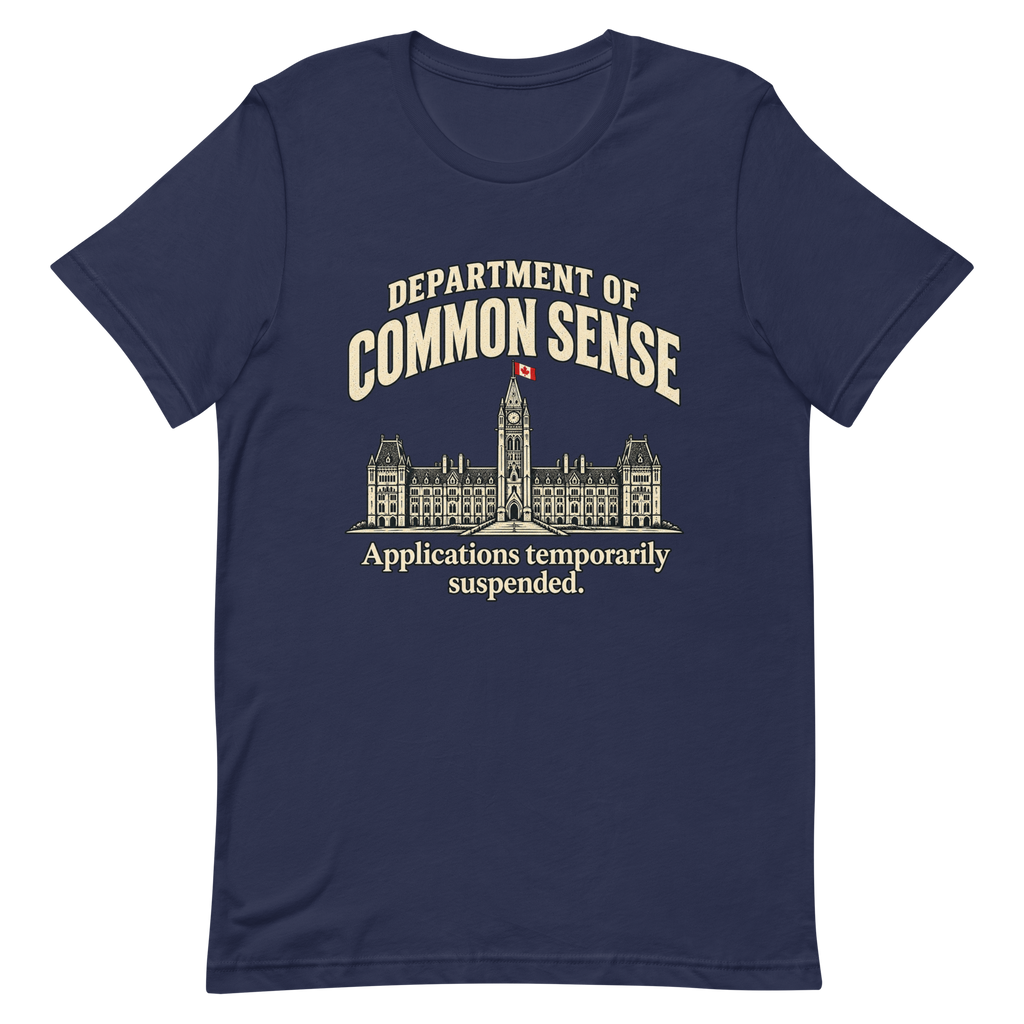 Motif Department of Common Sense sur un t-shirt Bella + Canvas 3001 bleu marine, aperçu du devant fourni par Printful