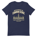 Motif Department of Common Sense sur un t-shirt Bella + Canvas 3001 bleu marine, aperçu du devant fourni par Printful