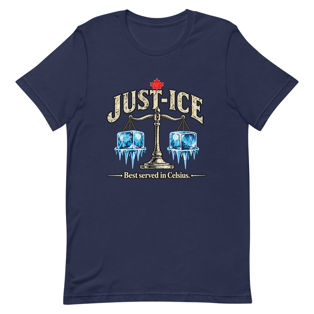 T-shirt bleu marine Just-Ice de peacetower.ca, impression DTFlex de Printful sur le devant