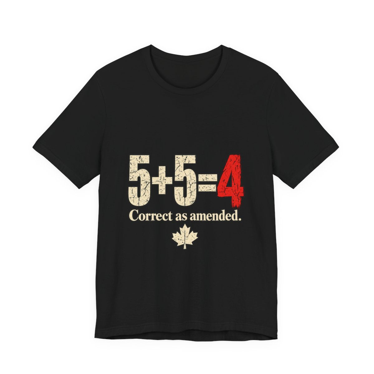 5+5=4 solid Black T-shirt, front view, exact Printify supplier mockup.