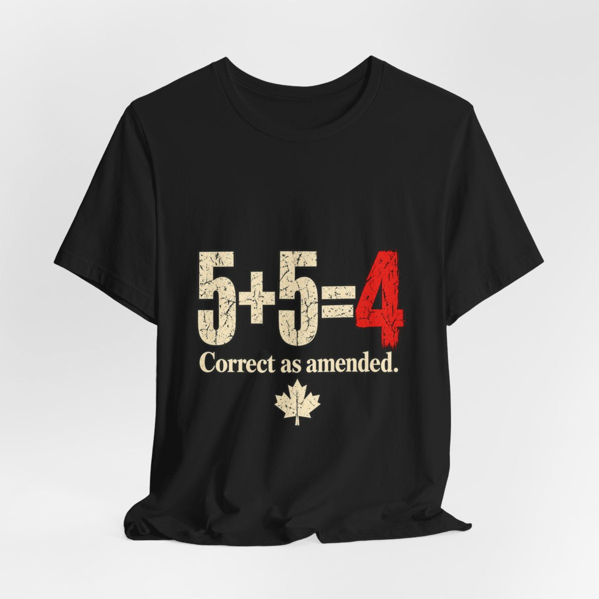5+5=4 solid Black T-shirt, hanging front view, exact Printify supplier mockup.