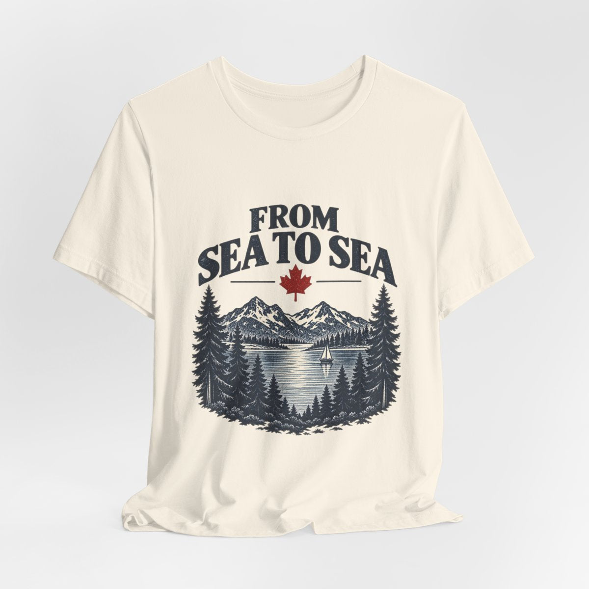 From Sea to Sea Natural T-shirt, hanging front view, exact Printify supplier mockup.