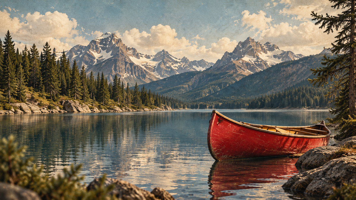 Vintage Canadian canoe and mountain lake