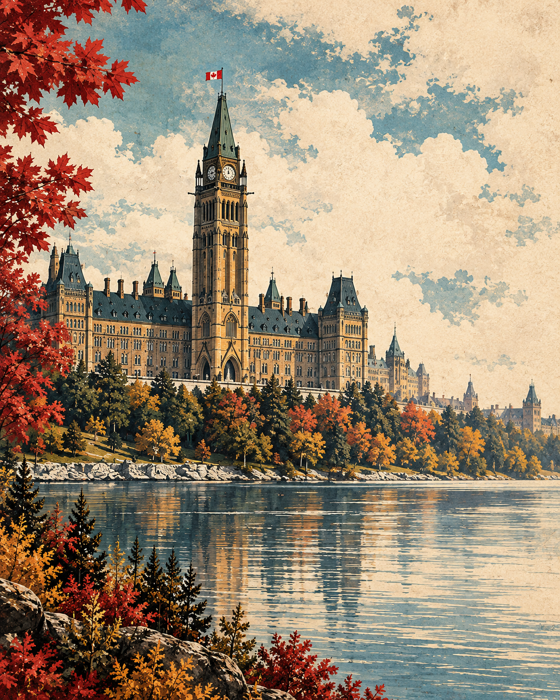 Vintage Parliament Hill by the river