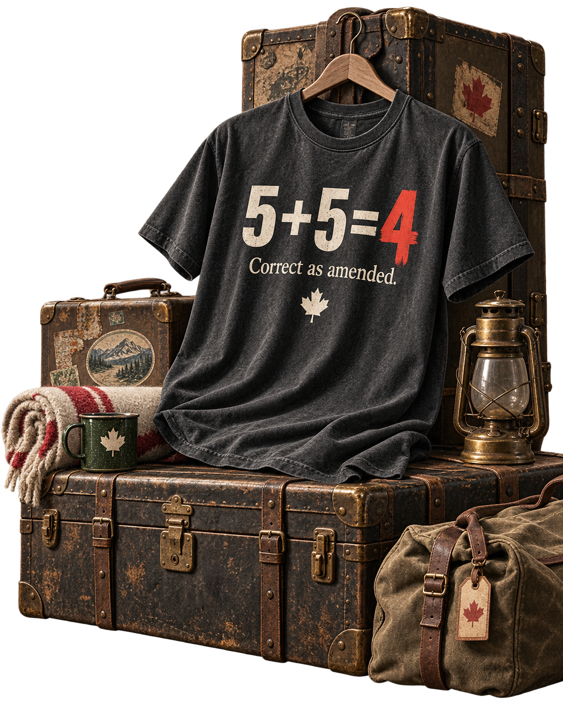 Peace Tower 5+5=4 shirt with vintage Canadian travel props