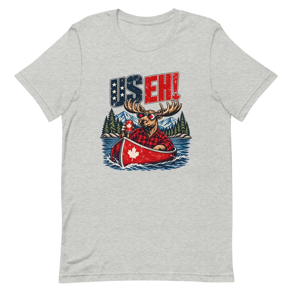US EH! moose and canoe design on Athletic Heather Bella + Canvas 3001, front flat mockup
