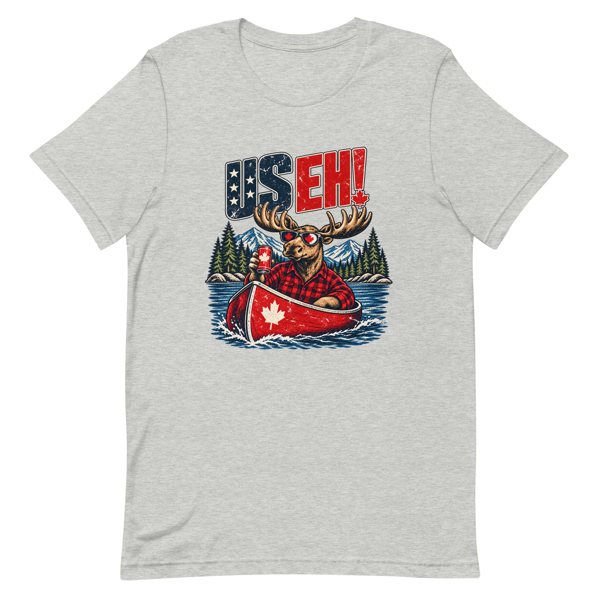Motif US EH! avec orignal et canot sur un t-shirt Bella + Canvas 3001 gris chiné, aperçu du devant à plat