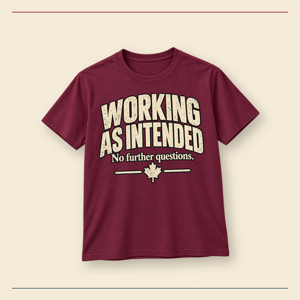 Working As Intended maroon Peace Tower t-shirt in heritage studio presentation